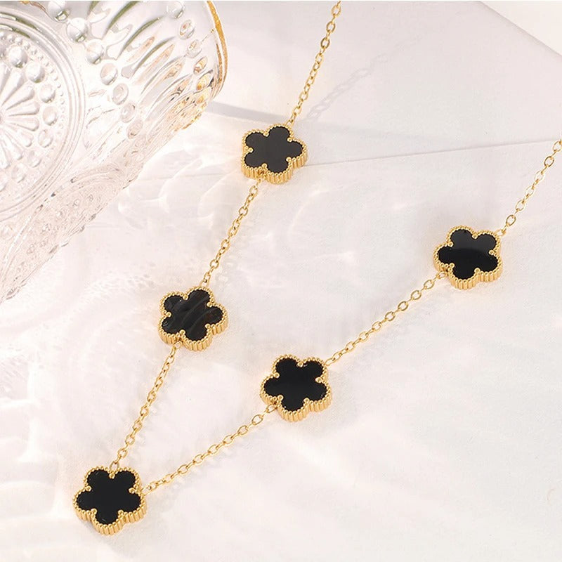 14K Gold Plated Stainless Steel Necklace Woman Five Leaf Petals Double Sided Necklaces for Women Pendant Flower Clover Jewelry